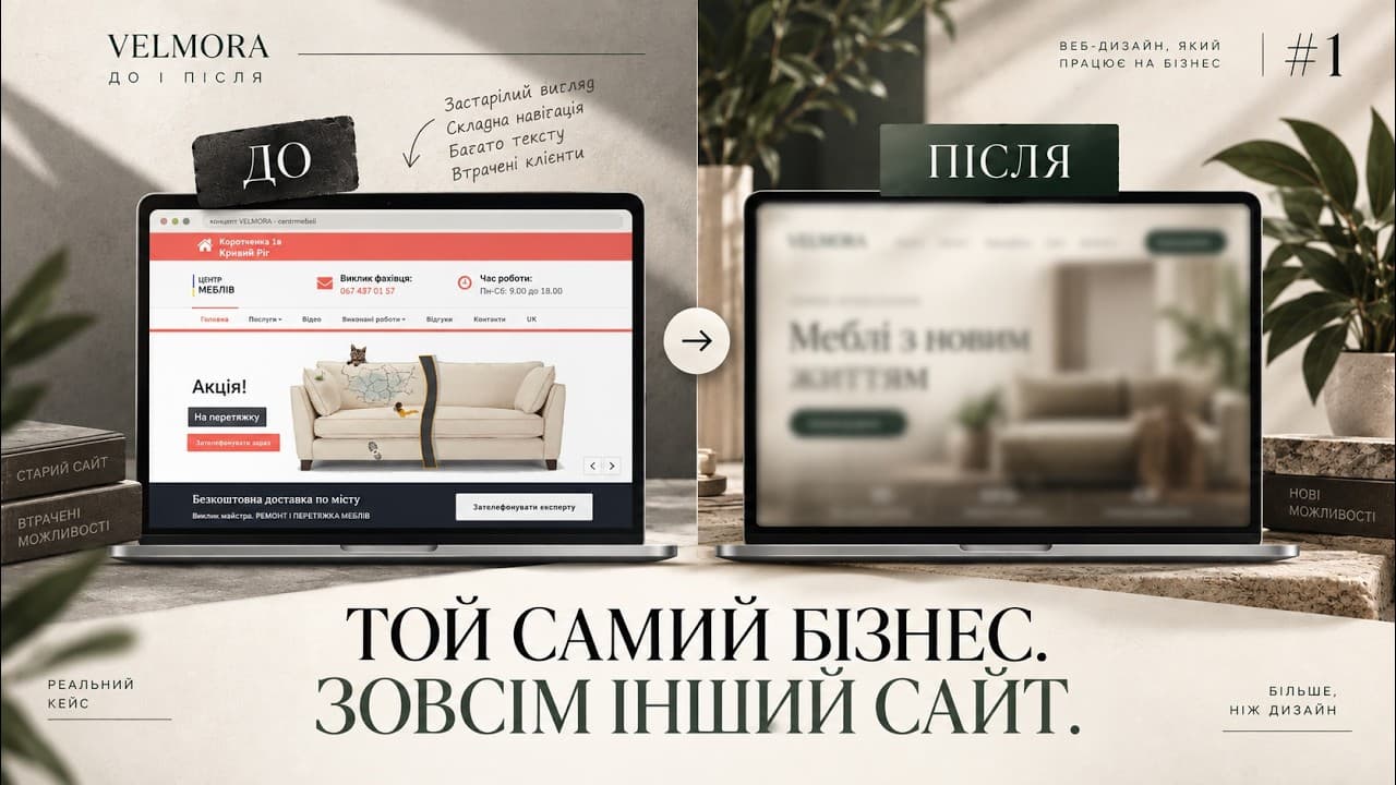 The old furniture workshop website beside the redesign concept